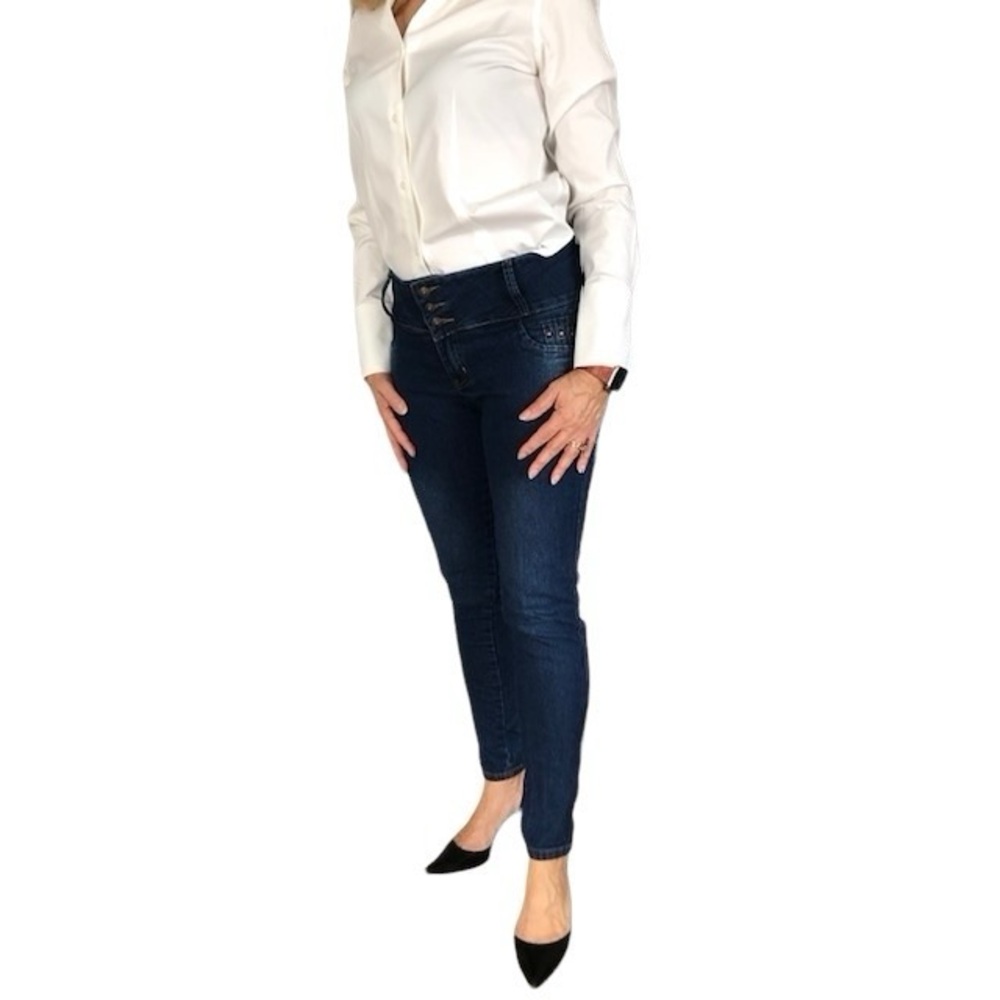Diamanté high waisted blue jeans 3 button front skinny leg stretch denim size 11